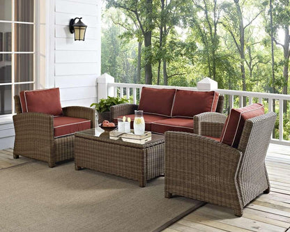 Crosley Furniture - Bradenton 4 Piece Outdoor Wicker Seating Set with Sangria Cushions - Loveseat, Two Arm Chairs & Glass Top Table - KO70024WB-SG veiw 1