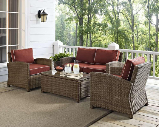 Crosley Furniture - Bradenton 4 Piece Outdoor Wicker Seating Set with Sangria Cushions - Loveseat, Two Arm Chairs & Glass Top Table - KO70024WB-SG veiw 1
