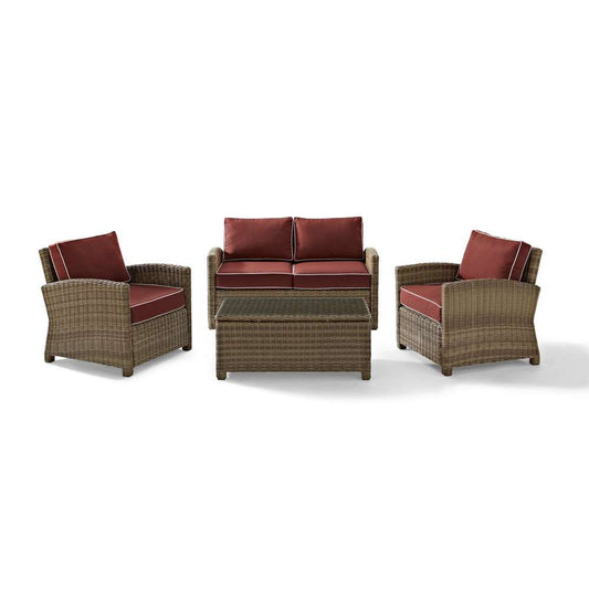 Crosley Furniture - Bradenton 4 Piece Outdoor Wicker Seating Set with Sangria Cushions - Loveseat, Two Arm Chairs & Glass Top Table - KO70024WB-SG veiw 2