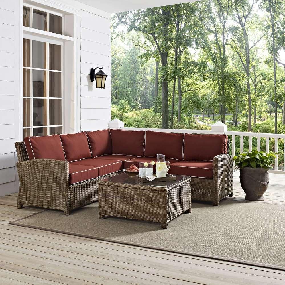 Crosley Furniture - Bradenton 4-Piece Outdoor Wicker Seating Set with Sangria Cushions - Right Corner Loveseat, Left Corner Loveseat, Corner Chair, Sectional Glass Top Coffee Table - KO70019WB-SG veiw 1