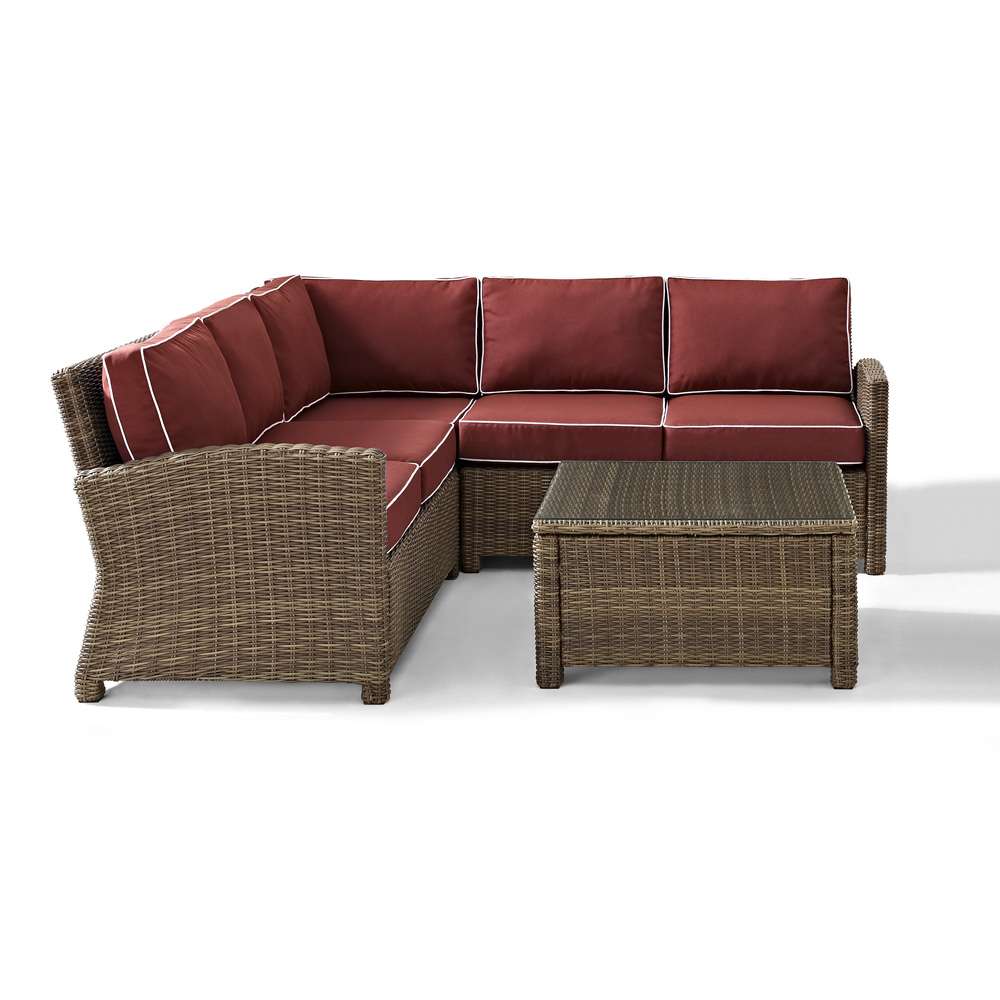 Crosley Furniture - Bradenton 4-Piece Outdoor Wicker Seating Set with Sangria Cushions - Right Corner Loveseat, Left Corner Loveseat, Corner Chair, Sectional Glass Top Coffee Table - KO70019WB-SG veiw 2