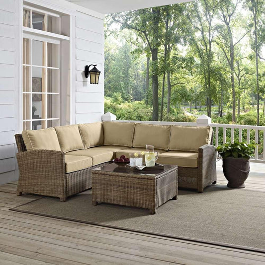 Crosley Furniture - Bradenton 4-Piece Outdoor Wicker Seating Set with Sand Cushions - Right Corner Loveseat, Left Corner Loveseat, Corner Chair, Sectional Glass Top Coffee Table - KO70019WB-SA veiw 1