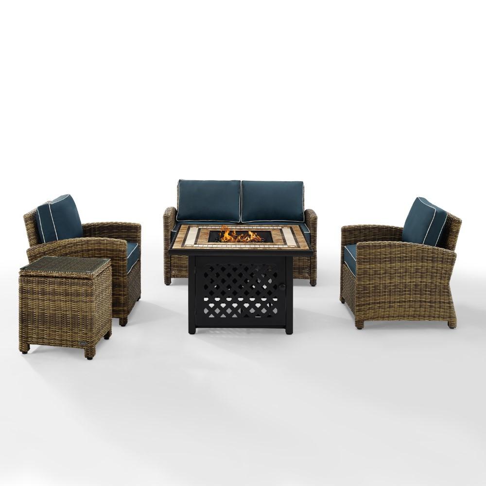 Crosley Furniture - Bradenton 5 Piece Outdoor Wicker Conversation Set With Fire Table Weathered Brown/Navy - Loveseat, 2 Arm Chairs, Side Table, Fire Table - KO70162-NV view 1