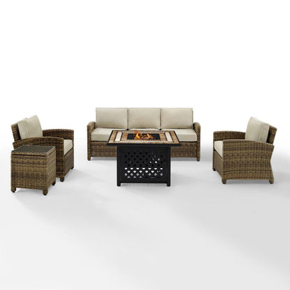 Crosley Furniture - Bradenton 5 Piece Outdoor Wicker Conversation Set With Fire Table Weathered Brown/Sand - Sofa, 2 Arm Chairs, Side Table, Fire Table - KO70163-SA view 1
