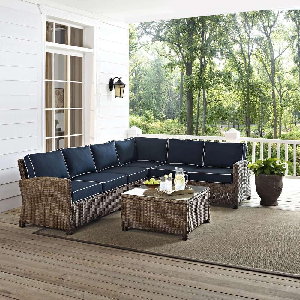 Crosley Furniture - Bradenton 5-Piece Outdoor Wicker Seating Set with Navy Cushions - Right Corner Loveseat, Left Corner Loveseat, Corner Chair, Center Chair, Sectional Glass Top Coffee Table - KO70020WB-NV view 1
