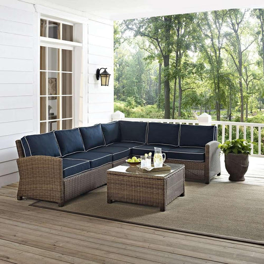 Crosley Furniture - Bradenton 5-Piece Outdoor Wicker Seating Set with Navy Cushions - Right Corner Loveseat, Left Corner Loveseat, Corner Chair, Center Chair, Sectional Glass Top Coffee Table - KO70020WB-NV view 1