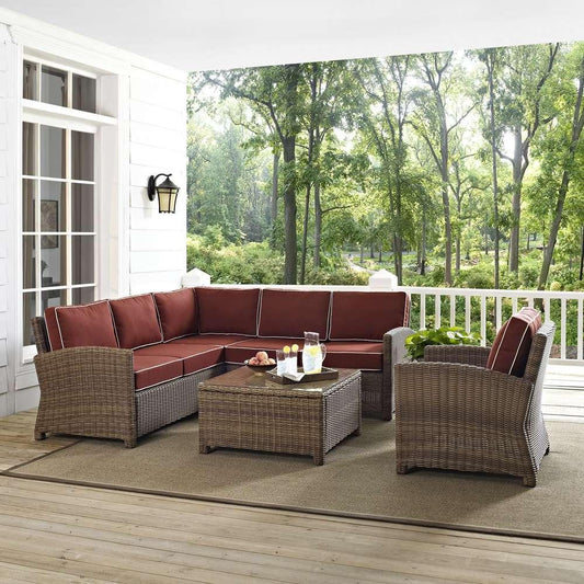 Crosley Furniture - Bradenton 5-Piece Outdoor Wicker Seating Set with Sangria Cushions - Right Corner Loveseat, Left Corner Loveseat, Corner Chair, Arm Chair, Sectional Glass Top Coffee Table - KO70021WB-SG view 1