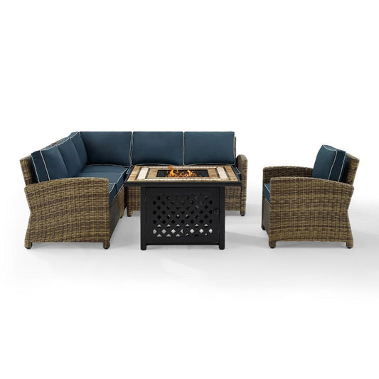 Crosley Furniture - Bradenton 5 Piece Outdoor Wicker Sectional Set With Fire Table Weathered Brown/Navy - Right Corner Loveseat, Left Corner Loveseat, Corner Chair, Arm Chair, Fire Table - KO70159-NV view 1