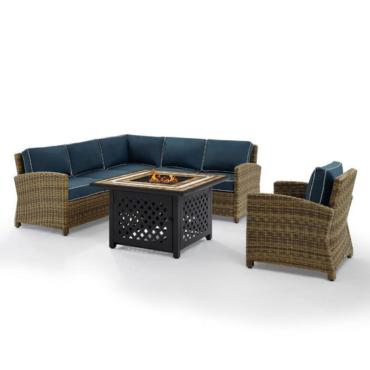 Crosley Furniture - Bradenton 5 Piece Outdoor Wicker Sectional Set With Fire Table Weathered Brown/Navy - Right Corner Loveseat, Left Corner Loveseat, Corner Chair, Arm Chair, Fire Table - KO70159-NV view 2