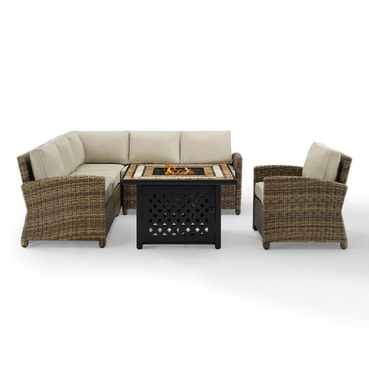 Crosley Furniture - Bradenton 5 Piece Outdoor Wicker Sectional Set With Fire Table Weathered Brown/Sand - Right Corner Loveseat, Left Corner Loveseat, Corner Chair, Arm Chair, Fire Table - KO70159-SA view 1