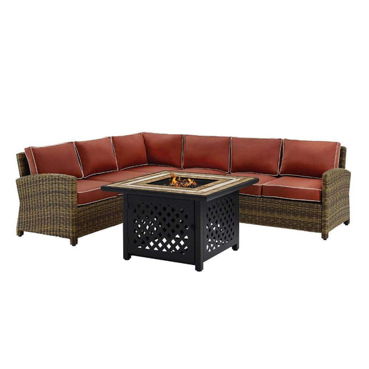 Crosley Furniture - Bradenton 5 Piece Outdoor Wicker Sectional Set With Fire Table Weathered Brown/Sand - Right Corner Loveseat, Left Corner Loveseat, Corner Chair, Center Chair, Fire Table - KO70158-SG view 1