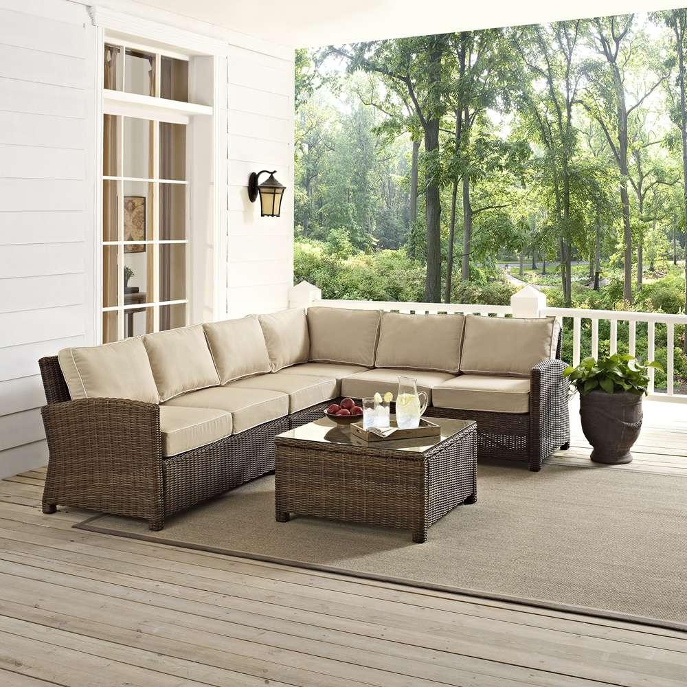 Crosley Furniture - Bradenton 5-Piece Outdoor Wicker Seating Set with Sand Cushions - Right Corner Loveseat, Left Corner Loveseat, Corner Chair, Center Chair, Sectional Glass Top Coffee Table - KO70020WB-SA veiw 1