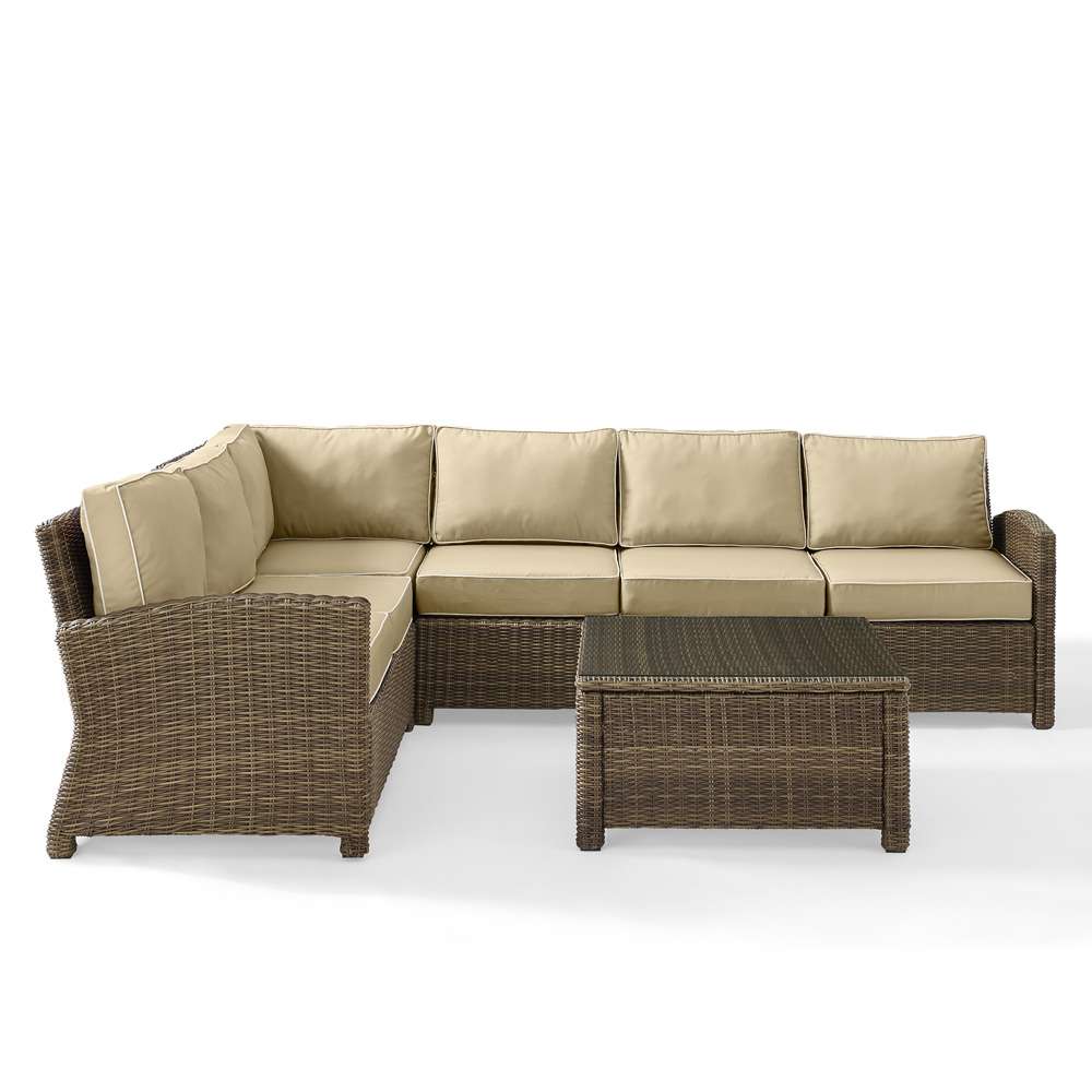 Crosley Furniture - Bradenton 5-Piece Outdoor Wicker Seating Set with Sand Cushions - Right Corner Loveseat, Left Corner Loveseat, Corner Chair, Center Chair, Sectional Glass Top Coffee Table - KO70020WB-SA veiw 2