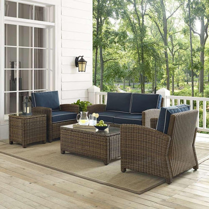 Crosley Furniture - Bradenton 5-Piece Outdoor Wicker Conversation Set with Navy Cushions - Loveseat, Two Arm Chairs, Side Table & Glass Top Table - KO70050WB-NV veiw 1