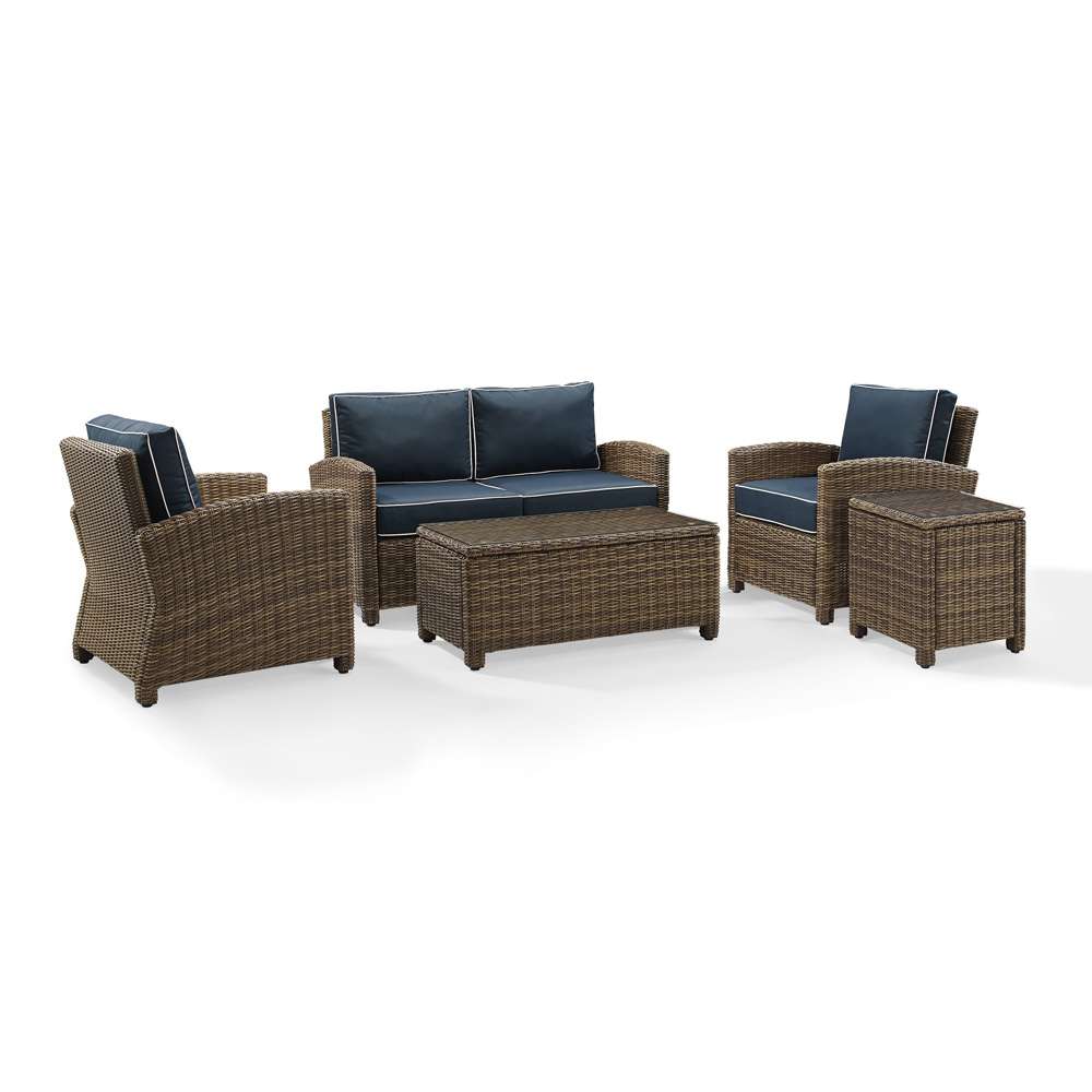 Crosley Furniture - Bradenton 5-Piece Outdoor Wicker Conversation Set with Navy Cushions - Loveseat, Two Arm Chairs, Side Table & Glass Top Table - KO70050WB-NV veiw 2