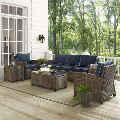 Crosley Furniture - Bradenton 5-Piece Outdoor Wicker Sofa Conversation Set with Navy Cushions - Sofa, Two Arm Chairs, Side Table & Glass Top Table - KO70051WB-NV veiw 1
