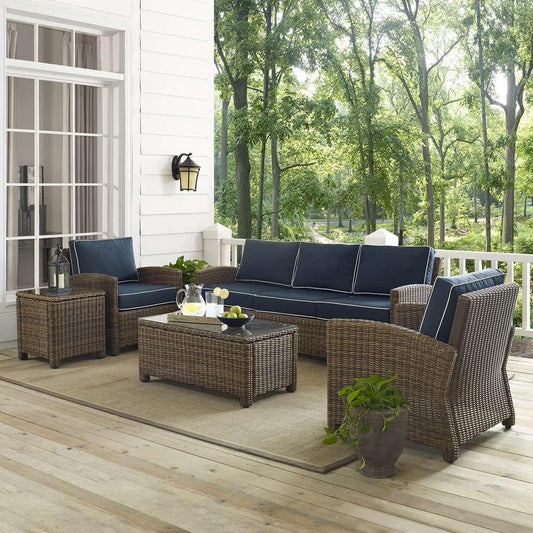 Crosley Furniture - Bradenton 5-Piece Outdoor Wicker Sofa Conversation Set with Navy Cushions - Sofa, Two Arm Chairs, Side Table & Glass Top Table - KO70051WB-NV veiw 1