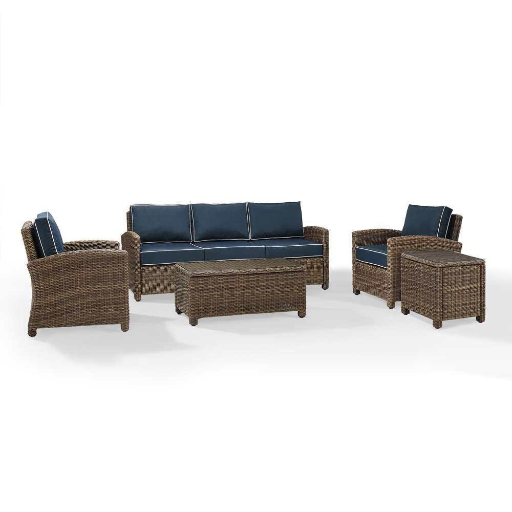 Crosley Furniture - Bradenton 5-Piece Outdoor Wicker Sofa Conversation Set with Navy Cushions - Sofa, Two Arm Chairs, Side Table & Glass Top Table - KO70051WB-NV veiw 2