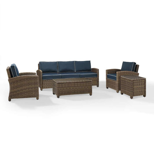 Crosley Furniture - Bradenton 5-Piece Outdoor Wicker Sofa Conversation Set with Navy Cushions - Sofa, Two Arm Chairs, Side Table & Glass Top Table - KO70051WB-NV veiw 2