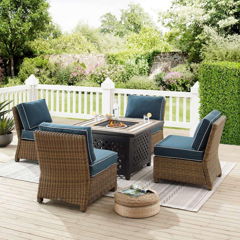 Crosley Furniture - Bradenton 5Pc Outdoor Wicker Conversation Set W/Fire Table Navy/Weathered Brown - Tucson Fire Table & 4 Armless Chairs - KO70206WB-NV view 1