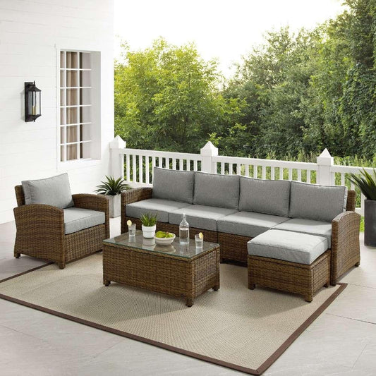 Crosley Furniture - Bradenton 5Pc Outdoor Wicker Sectional Set Gray -Weathered Brown - Left Loveseat, Right Loveseat, Armchair, Coffee Table, and Ottoman - KO70188WB-GY veiw 1