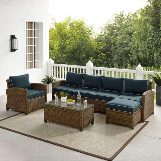 Crosley Furniture - Bradenton 5Pc Outdoor Wicker Sectional Set Navy -Weathered Brown - Left Loveseat, Right Loveseat, Armchair, Coffee Table, and Ottoman - KO70188WB-NV view 1