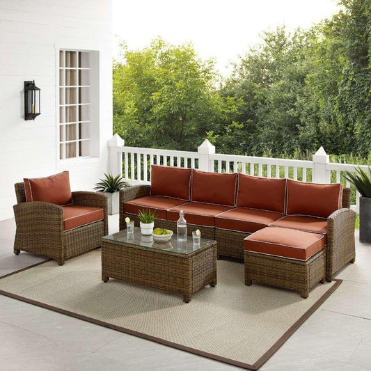 Crosley Furniture - Bradenton 5Pc Outdoor Wicker Sectional Set Sangria -Weathered Brown - Left Loveseat, Right Loveseat, Armchair, Coffee Table, and Ottoman - KO70188WB-SG view 1