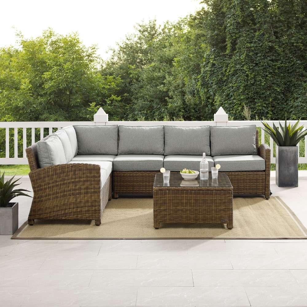 Crosley Furniture - Bradenton 5Pc Outdoor Wicker Sectional Set Gray-Weathered Brown - Left Loveseat, Right Loveseat, Center Chair, Corner Chair and Coffee Table - KO70020WB-GY veiw 2