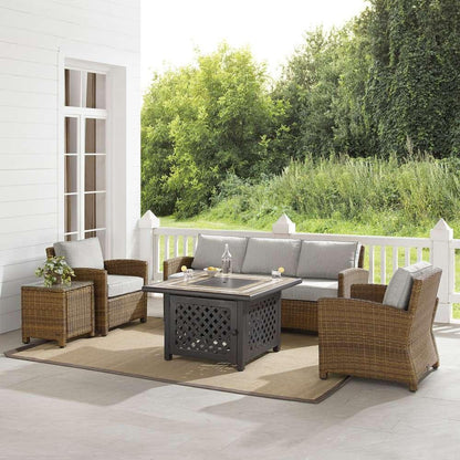 Crosley Furniture - Bradenton 5Pc Outdoor Wicker Sofa Set W/Fire Table Gray/Weathered Brown - Sofa, Side Table, Tucson Fire Table, & 2 Armchairs - KO70163-GY veiw 1