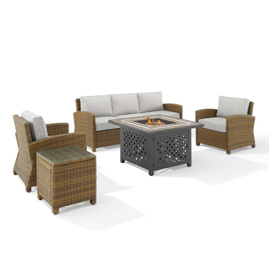 Crosley Furniture - Bradenton 5Pc Outdoor Wicker Sofa Set W/Fire Table Gray/Weathered Brown - Sofa, Side Table, Tucson Fire Table, & 2 Armchairs - KO70163-GY veiw 2