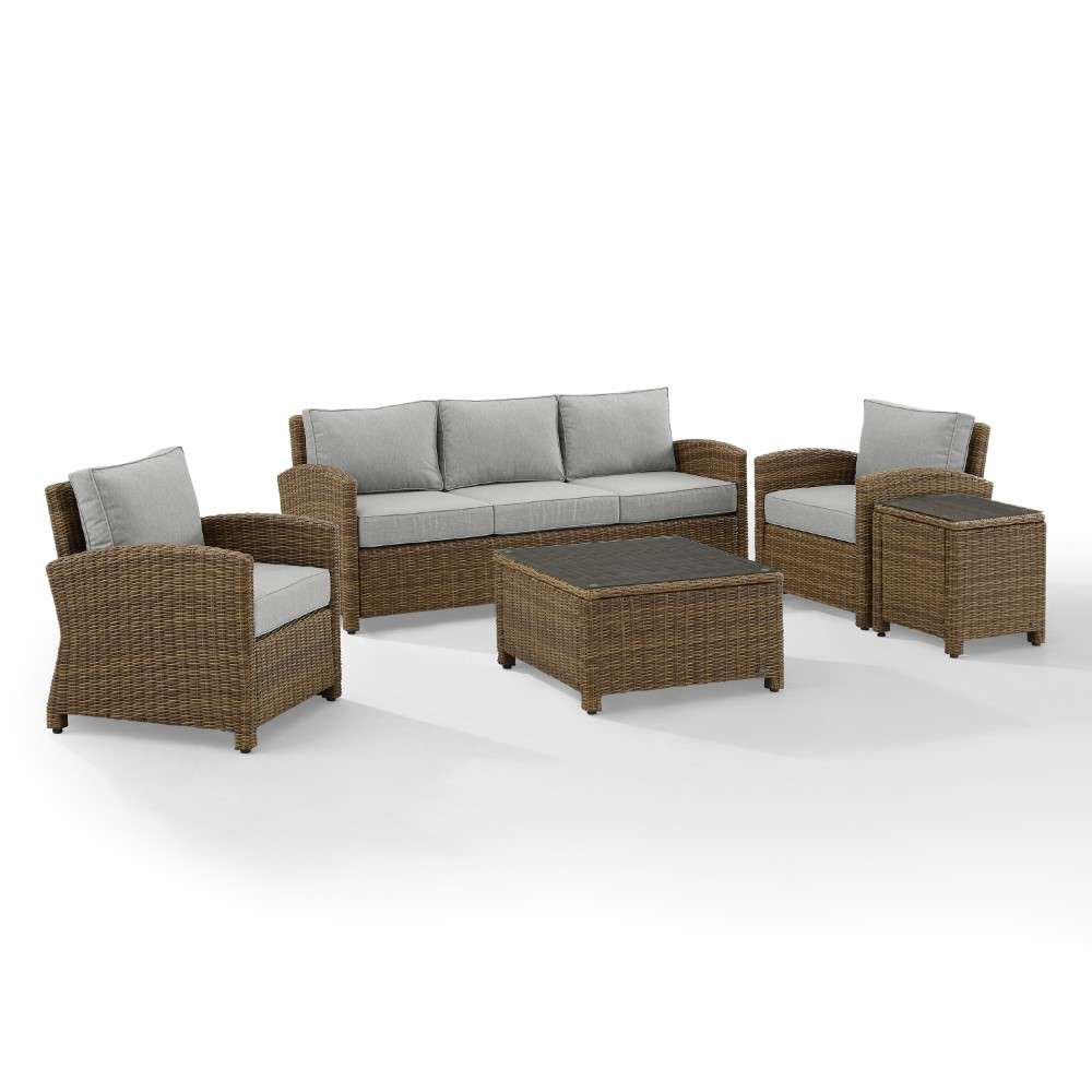 Crosley Furniture - Bradenton 5Pc Outdoor Wicker Sofa Set Gray-Weathered Brown - Sofa, Coffee Table, Side Table and 2 Arm Chairs - KO70051WB-GY veiw 5