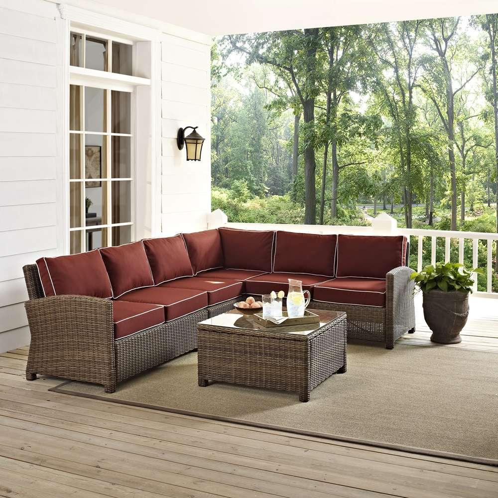 Crosley Furniture - Bradenton 5-Piece Outdoor Wicker Seating Set with Sangria Cushions - Right Corner Loveseat, Left Corner Loveseat, Corner Chair, Center Chair, Sectional Glass Top Coffee Table - KO70020WB-SG veiw 1