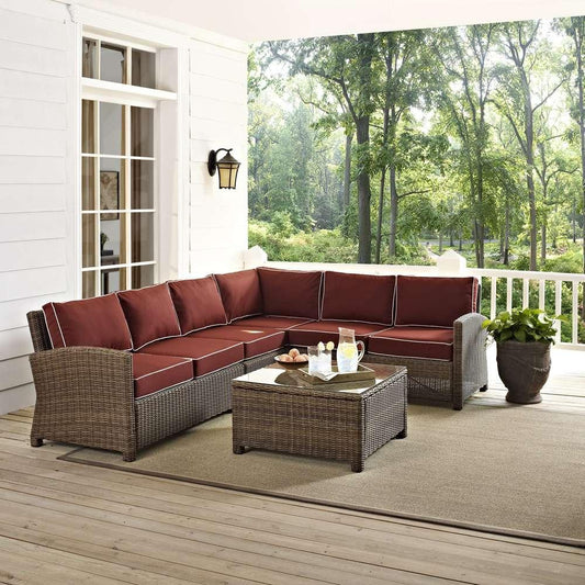 Crosley Furniture - Bradenton 5-Piece Outdoor Wicker Seating Set with Sangria Cushions - Right Corner Loveseat, Left Corner Loveseat, Corner Chair, Center Chair, Sectional Glass Top Coffee Table - KO70020WB-SG veiw 1