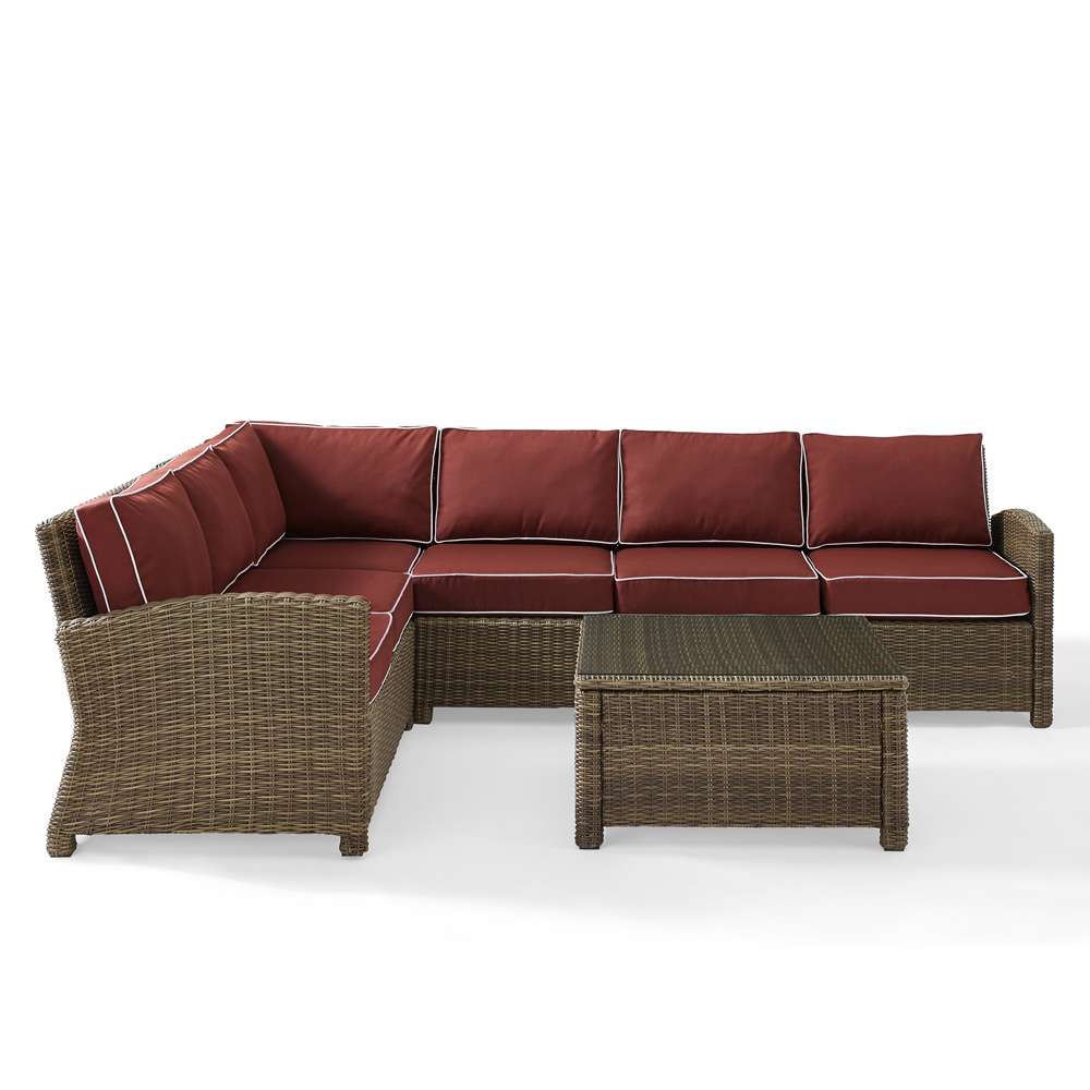 Crosley Furniture - Bradenton 5-Piece Outdoor Wicker Seating Set with Sangria Cushions - Right Corner Loveseat, Left Corner Loveseat, Corner Chair, Center Chair, Sectional Glass Top Coffee Table - KO70020WB-SG veiw 2