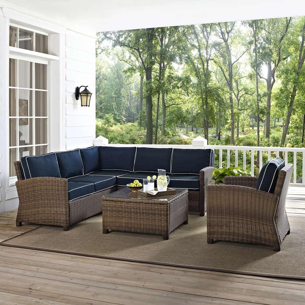 Crosley Furniture - Bradenton 5-Piece Outdoor Wicker Seating Set with Navy Cushions - Right Corner Loveseat, Left Corner Loveseat, Corner Chair, Arm Chair, Sectional Glass Top Coffee Table - KO70021WB-NV veiw 1