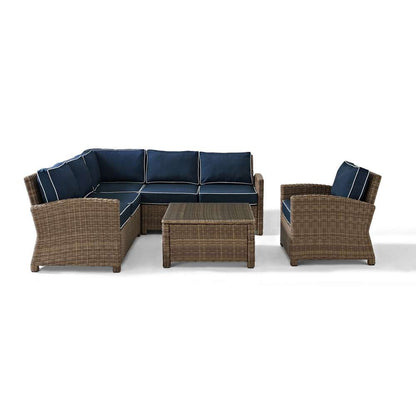 Crosley Furniture - Bradenton 5-Piece Outdoor Wicker Seating Set with Navy Cushions - Right Corner Loveseat, Left Corner Loveseat, Corner Chair, Arm Chair, Sectional Glass Top Coffee Table - KO70021WB-NV veiw 2