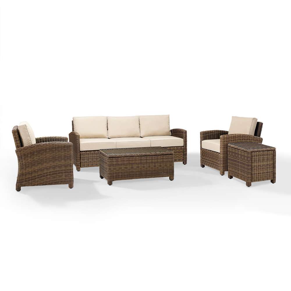 Crosley Furniture - Bradenton 5-Piece Outdoor Wicker Sofa Conversation Set with Sand Cushions - Sofa, Two Arm Chairs, Side Table & Glass Top Table - KO70051WB-SA veiw 2