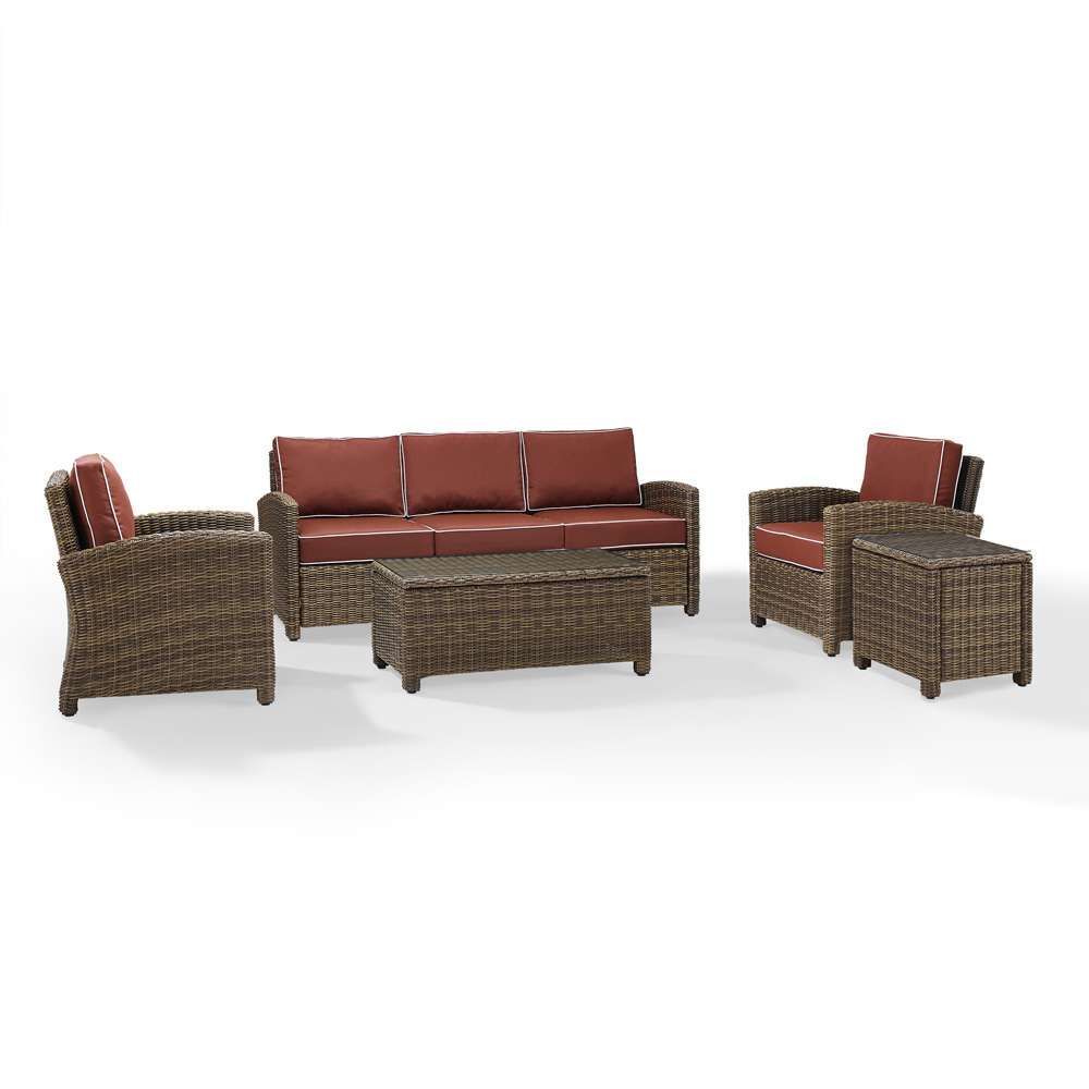 Crosley Furniture - Bradenton 5-Piece Outdoor Wicker Sofa Conversation Set with Sangria Cushions - Sofa, Two Arm Chairs, Side Table & Glass Top Table - KO70051WB-SG veiw 2