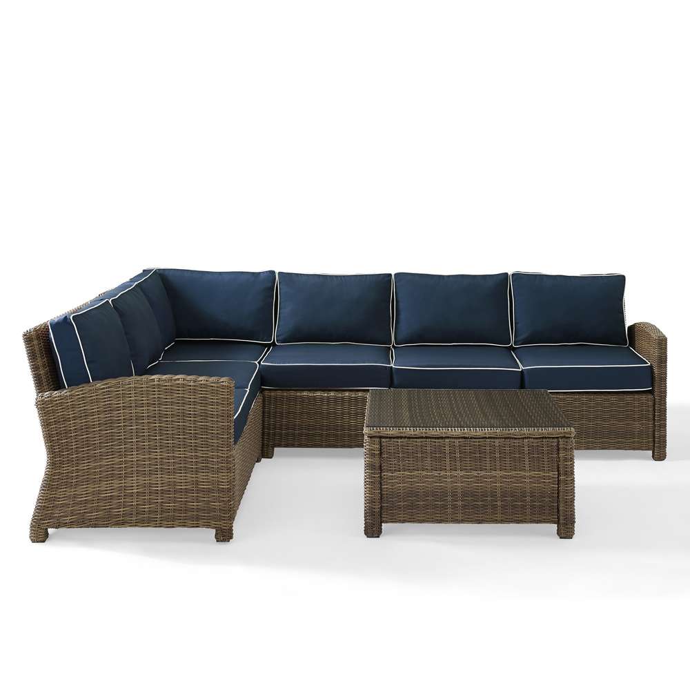 Crosley Furniture - Bradenton 5-Piece Outdoor Wicker Seating Set with Navy Cushions - Right Corner Loveseat, Left Corner Loveseat, Corner Chair, Center Chair, Sectional Glass Top Coffee Table - KO70020WB-NV veiw 2