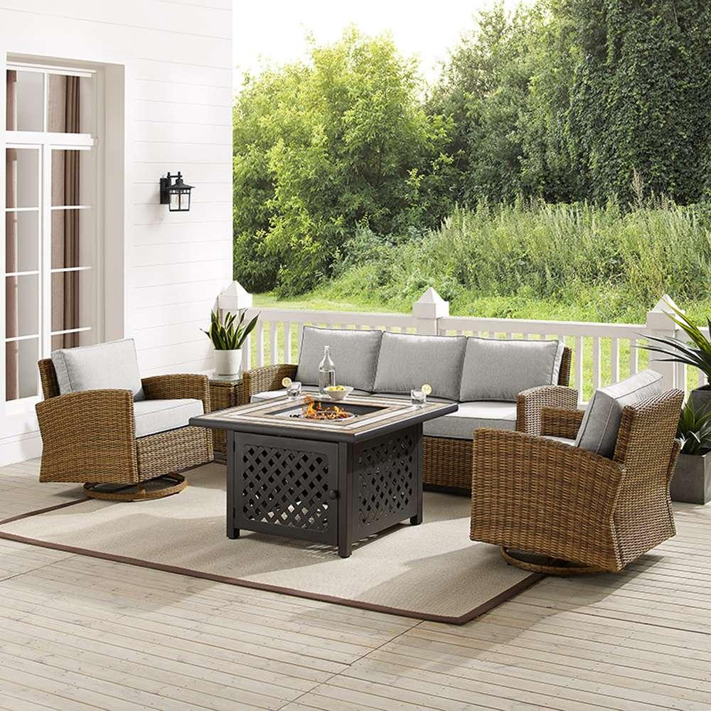 Crosley Furniture - Bradenton 5Pc Swivel Rocker And Sofa Set W/Fire Table Gray/Weathered Brown - Tucson Fire Table, Sofa, Side Table, & 2 Swivel Rockers - KO70208WB-GY view 1