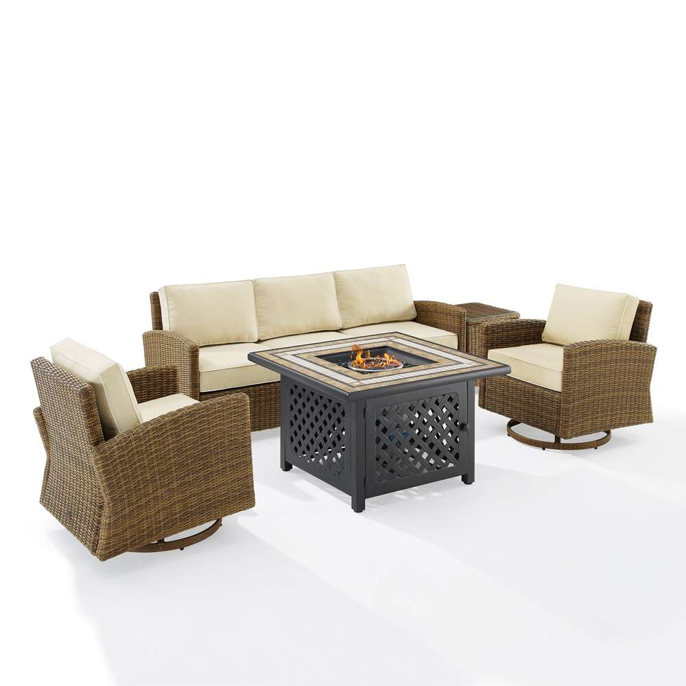 Crosley Furniture - Bradenton 5Pc Swivel Rocker And Sofa Set W/Fire Table Sand/Weathered Brown - Tucson Fire Table, Sofa, Side Table, & 2 Swivel Rockers - KO70208WB-SA view 2