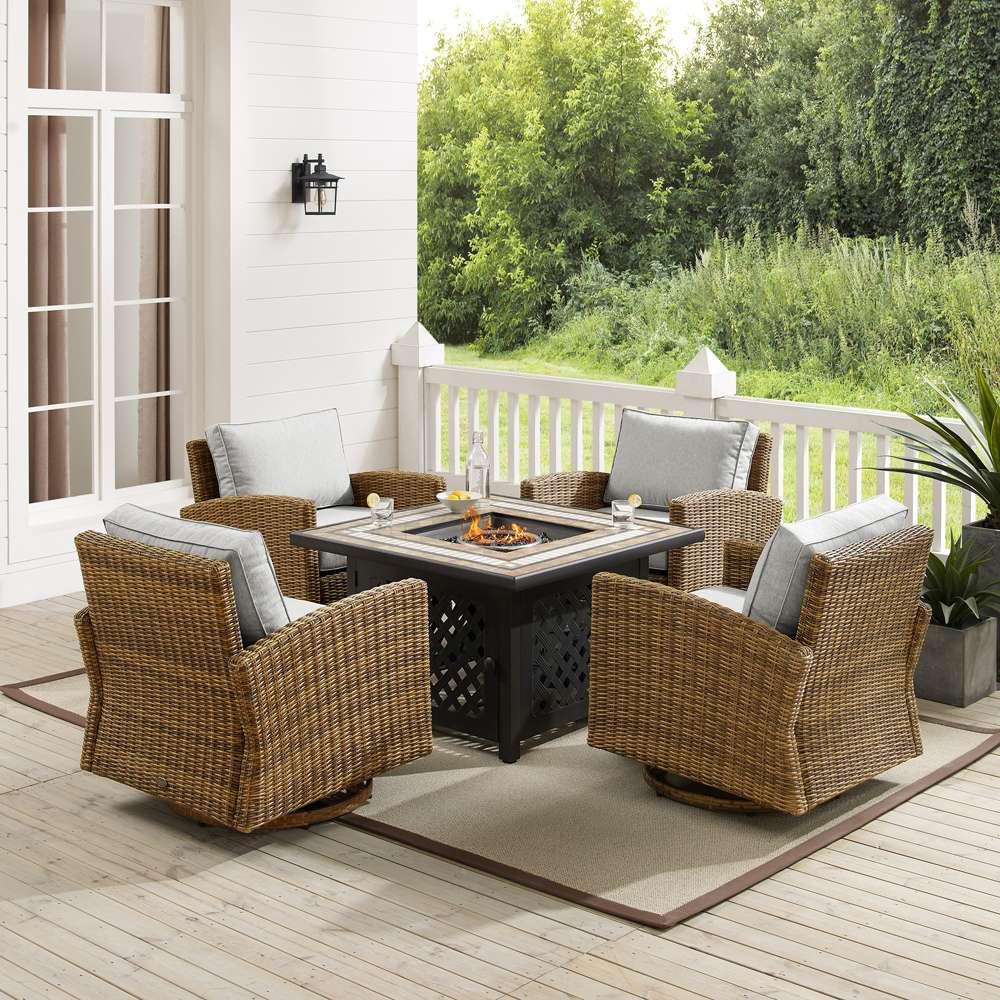 Crosley Furniture - Bradenton 5Pc Swivel Rocker Conversation Set W/Fire Table Gray/Weathered Brown - Tucson Fire Table & 4 Swivel Rockers - KO70209WB-GY view 1