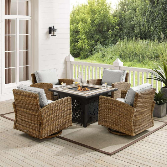 Crosley Furniture - Bradenton 5Pc Swivel Rocker Conversation Set W/Fire Table Gray/Weathered Brown - Tucson Fire Table & 4 Swivel Rockers - KO70209WB-GY view 1