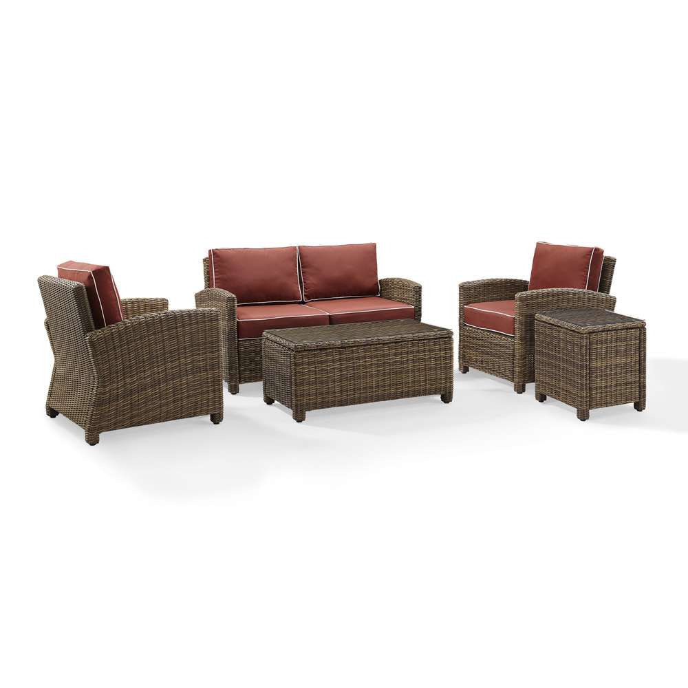 Crosley Furniture - Bradenton 5-Piece Outdoor Wicker Conversation Set with Sangria Cushions - Loveseat, Two Arm Chairs, Side Table & Glass Top Table - KO70050WB-SG veiw 2