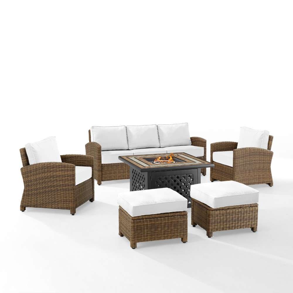 Crosley Furniture - Bradenton 6Pc Outdoor Sofa Set W/Fire Table - Sunbrella White/Weathered Brown - Tucson Fire Table, Sofa, 2 Armchairs & 2 Ottomans - KO70184WB-WH veiw 1