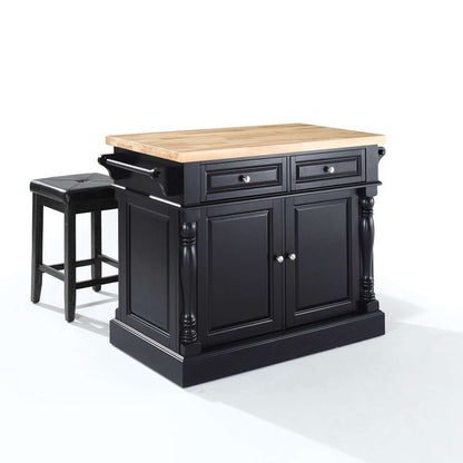 Crosley Furniture - Butcher Block Top Kitchen Island in Black Finish with 24in Black Upholstered Square Seat Stools - KF300065BK veiw 1