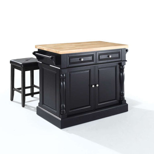 Crosley Furniture - Butcher Block Top Kitchen Island in Black Finish with 24in Black Upholstered Square Seat Stools - KF300065BK veiw 1