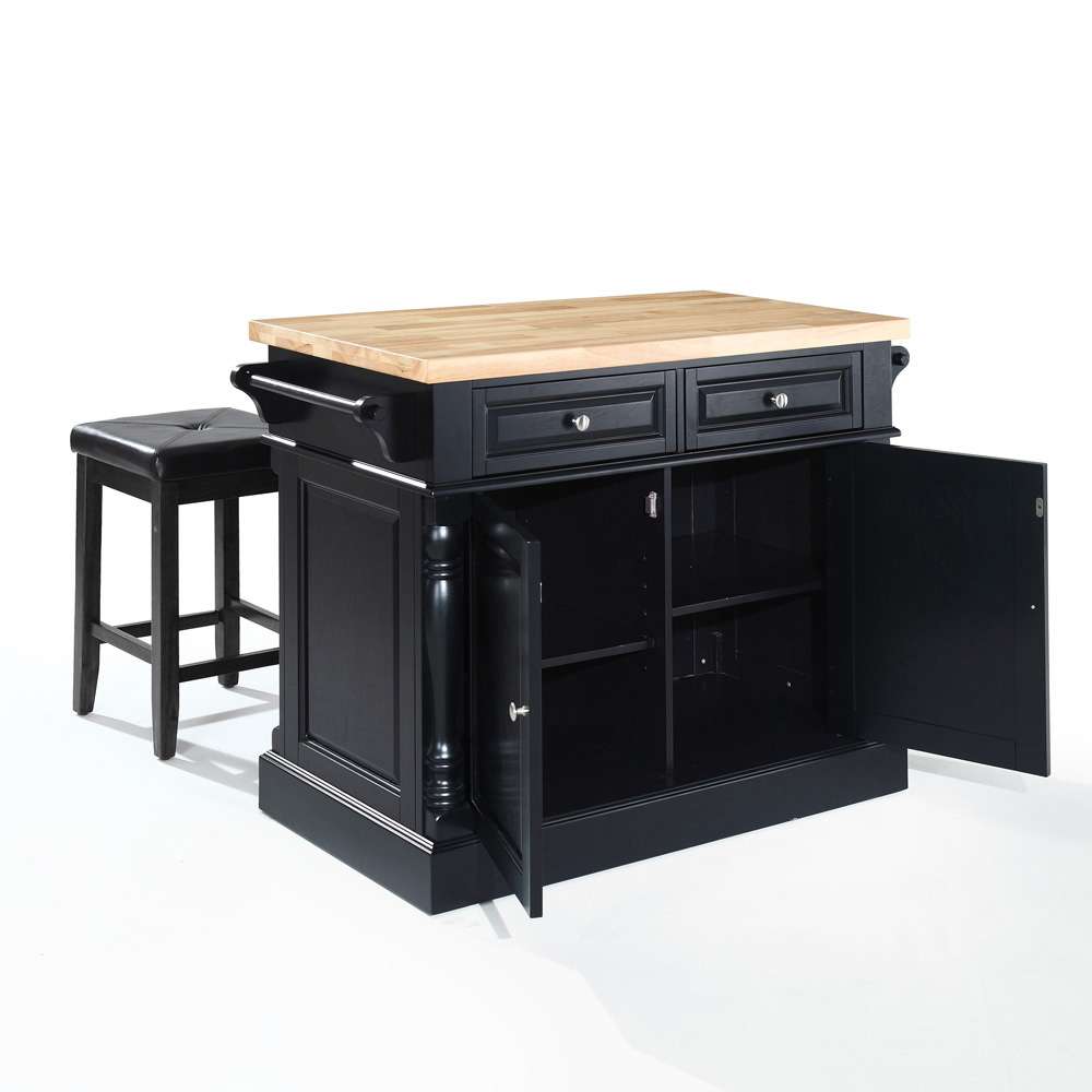 Crosley Furniture - Butcher Block Top Kitchen Island in Black Finish with 24in Black Upholstered Square Seat Stools - KF300065BK veiw 2