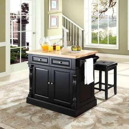 Crosley Furniture - Butcher Block Top Kitchen Island in Black Finish with 24in Black Upholstered Square Seat Stools - KF300065BK veiw 3