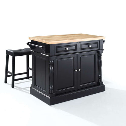 Crosley Furniture - Butcher Block Top Kitchen Island in Black Finish with 24in Black Upholstered Saddle Stools - KF300064BK veiw 1